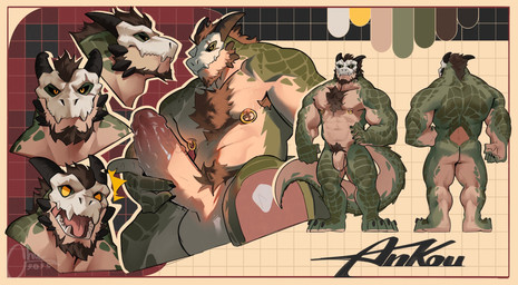 anthro armpit_hair balls beard body_hair bone bone_mask brown_hair chest_hair chest_tuft erection facial_hair flaccid front_view genitals green_body green_scales grin grinning_at_viewer hair horn looking_at_viewer male mask muscular muscular_anthro muscular_male nipple_piercing nipples nude penis piercing pubes rear_view scales sitting skull skull_head skull_mask smile smiling_at_viewer solo standing surprised tail tuft yellow_eyes iam_chuz ankou_(ankouno) crocodilian reptile scalie 2025 hi_res model_sheet