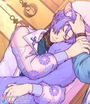 ambiguous_gender bodily_fluids canon_couple clothed clothing cuddling_tail detailed_background drooling duo fluffy fluffy_tail fully_clothed fur hair headpat holding_own_tail holding_tail hugging_own_tail inner_ear_fluff on_model purple_body purple_fur purple_hair saliva sleeping tail tail_hug tuft ada_jokercat nu:_carnival eiden_(nu:_carnival) kuya_(nu:_carnival) animal_humanoid canid canid_humanoid canine canine_humanoid fox_humanoid human humanoid mammal mammal_humanoid hi_res