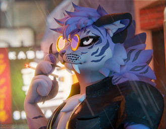 anthro black_sclera chest_tuft cigarette claws clothed clothing ear_tuft eyelashes eyewear fangs female floppy_ears fluffy folded_ears fur glasses holding_cigarette holding_object jacket jagged_mouth mane moody open_clothing open_jacket open_topwear pawpads paws purple_body purple_eyes purple_nose raining sabertooth_(anatomy) smoke smoking smoking_cigarette solo striped_body striped_fur stripes teeth text topwear tuft wearing_glasses whiskers zushou zushou_(character) domestic_cat felid feline felis mammal 3d_(artwork) absurd_res blender_(artwork) digital_media_(artwork) hi_res url watermark