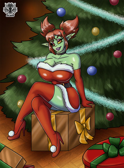 bedroom_eyes big_breasts box breasts choker christmas_clothing cleavage clothed clothing container crossed_legs ear_piercing eyelashes eyeshadow female footwear freckled_breasts freckled_chest freckled_face freckled_legs freckled_thighs freckles gift_box glistening_eyelids green_body green_skin hair half-closed_eyes high_heels holidays huge_breasts humanoid_pointy_ears jewelry legwear lipsticking long_eyelashes looking_at_viewer makeup narrowed_eyes necklace not_furry piercing pointy_ears purple_eyeshadow seductive shoes sitting smile solo stockings mlock christmas goblin humanoid mammal digital_media_(artwork) hi_res
