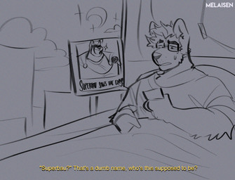 anthro bed bodily_fluids city cityscape clothing crescent_moon electronics eyewear fake_screencap furniture glasses holding_object holding_phone male male_anthro moon phone pillow rectangular_glasses shirt sign solo star sweat teeth text topwear yellow_text melaisen bau_(melaisen) akita canid canine canis domestic_dog mammal spitz 2022 absurd_res artist_name english_description english_text greyscale hi_res monochrome sketch