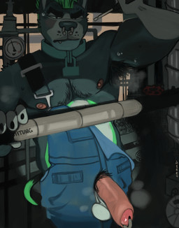 anthro areola armpit_hair balls biceps big_balls big_penis bodily_fluids body_hair chest_hair claws clothed clothing collar eyebrows facial_piercing flaccid foreskin frown fur genital_piercing genitals glans hair holding_object holding_tool humanoid_genitalia humanoid_penis inside lock male mechanic mohawk muscular muscular_anthro muscular_male musk narrowed_eyes nipples nose_piercing nose_ring overalls overalls_only pecs penis penis_piercing penis_poking_out penis_through_fly piercing prince_albert_piercing pubes ring_piercing saggy_balls solo sweat teeth tools topless topless_anthro topless_male tuft unretracted_foreskin unzipped working zipper jerro canid canine canis domestic_dog mammal 2025 hi_res