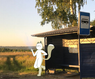 anthro bus_stop bus_stop_sign cigarette digitigrade do_not_distribute flat_chested fur hand_behind_back leaning_on_object looking_forward male raised_tail relaxing smoking smoking_cigarette solo sunrise tail white_body white_fur sansbouche mouthless_(sansbouche) felid feline lagomorph mammal