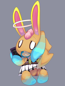 4_ears anthro anus black_eyes bottomless bottomless_anthro bottomless_female bottomwear butt cellphone censor_bar censored_genitalia censored_vulva clothed clothing electronics female female_anthro floppy_ears food fur genitals grey_background halo holding_cellphone holding_object holding_phone holding_smartphone ineffective_censorship looking_at_viewer looking_back looking_back_at_viewer multi_ear multicolored_body multicolored_fur no_underwear phone popsicle popsicle_in_mouth presenting presenting_anus presenting_hindquarters presenting_vulva pupils raised_tail simple_background skirt smartphone solo tail teal_body teal_fur two_tone_body two_tone_fur upskirt vulva white_pupils yellow_anus yellow_body yellow_butt yellow_fur yellow_vulva young young_anthro young_female ariarik_o0 sega sonic_the_hedgehog_(series) crepe_(chao) chao_(sonic) hero_chao lagomorph leporid mammal rabbit 2026 3:4 censored digital_drawing_(artwork) digital_media_(artwork) english_description hi_res