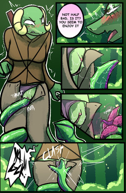 anthro bottomwear clothed clothing clothing_pull dialogue duo female genitals group horn open_bottomwear open_clothing open_pants panties pants plant_sex questionable_consent rubbing_vulva speech_bubble tail tentacles text trio underwear vulva brradett lernie_(brradett) love_goddess_(brradett) scalie absurd_res colored comic digital_media_(artwork) english_text hi_res