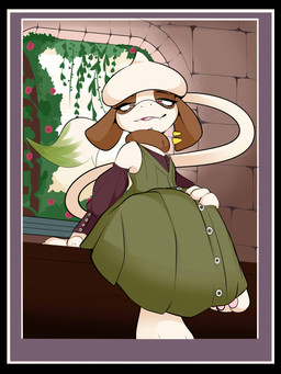 anthro black_border border clothed clothing crossed_legs detailed_background dress eyelashes fangs female flat_chested green_clothing green_dress inside long_tail looking_at_viewer pupils sitting smile solo tail teeth white_body window yttriumi2f nintendo pokemon generation_2_pokemon pokemon_(species) smeargle 3:4 absurd_res hi_res