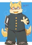 anthro biped blue_eyes blush bottomwear brown_body brown_fur clothing eyewear fur glasses humanoid_hands kemono male pants simple_background solo green_bell canid canine canis domestic_dog mammal 2021 absurd_res hi_res