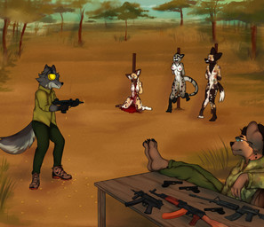 anthro blood blood_puddle bodily_fluids bottomwear bound breasts brown_body brown_fur bullet_wound chair clenched_teeth clothed clothing corpse crying death disembowelment execution eyewear feet female female_death female_peeing flaccid foot_on_table footwear foreskin forest fur furniture genital_fluids genitals glasses gore gore_focus group gun guts hair hands_tied_behind_back holding_gun holding_machine_gun holding_object holding_ranged_weapon holding_weapon humanoid_genitalia humanoid_penis imminent_death intestines killing kneeling machine_gun male murderer nipples nude open_mouth organs outdoor_nudity outside pain pants partially_retracted_foreskin peeing penis plant plantigrade pole ranged_weapon rifle shell_(projectile) shirt shoes shooting sitting smile snuff standing table tail tears teeth toes topwear tree urine urine_stream vulva weapon wearing_glasses mrs._stein african_wild_dog canid canine canis civet felid hyena leopard mammal pantherine spotted_hyena viverrid wolf digital_media_(artwork)