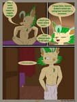 3:4 absurd_res after_sex anthro anthrofied biped canid canine clothed clothing comic detailed_background dialogue digital_drawing_(artwork) digital_media_(artwork) eeveelution english_text flaccid flamberry_(artist) fur generation_4_pokemon genitals green_hair hair hi_res ibispaint_(artwork) leafeon lyennan_venizee_flare_(flamberry) male male_anthro mammal nintendo nude open_mouth penis penis_base pokemon pokemon_(species) pokemorph simple_background smile solo tan_body tan_fur text towel towel_only