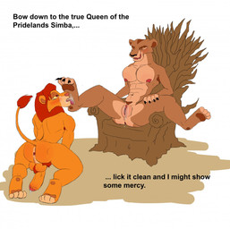 anthro anus breasts disney domination duo feline female female_domination foot_fetish hi_res leviattlk licking licking_foot lion male mammal nude penis precum pubes pussy pussy_juice sex simba straight the_lion_king throne tongue uncut zira
Rating: Explicit
Score: 4
User: APimpFromBuffalo
Date: December 31, 2013