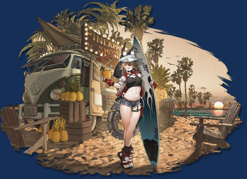 beach belt bottomwear breasts brown_eyes brown_hair car clothed clothing denim denim_bottomwear denim_clothing denim_shorts evening eyewear female fingerless_gloves food footwear fruit glasses gloves hair handwear hat headgear headwear jacket leg_belt looking_at_viewer mole_on_thigh navel open_clothing open_jacket open_topwear palm_tree pineapple plant rabbit_ears sea shoes shorts solo surfboard topwear tree vehicle visor_cap water arknights hypergryph studio_montagne caper_(arknights) animal_humanoid humanoid lagomorph lagomorph_humanoid leporid_humanoid mammal mammal_humanoid rabbit_humanoid hi_res official_art