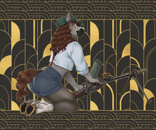 anthro art_deco blaze_(marking) bottomwear brown_eyes brown_hair clothing crop_top facial_markings femboy fur grey_body grey_fur hair head_markings hooves hotpants kneeling leg_markings leggings legwear light_machine_gun madsen_machine_gun male markings pose shirt shorts socks_(marking) solo suspenders topwear underhoof white_markings pascalthepommie dallas_prairiewind equid equine horse mammal hi_res pinup