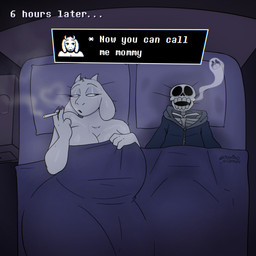 2_horns after_sex anthro bed big_breasts black_eyes bodily_fluids bone breasts cigarette collarbone death death_by_snu_snu ears_down eyebrows fangs female floppy_ears fur furniture hollow_eyes horn huge_breasts huge_thighs humor male male/female male_death mommy_kink nude pillow pivoted_ears skeleton smoking smoking_cigarette soul sweat sweaty_body teeth teeth_showing text text_box thick_thighs white_body white_ears white_fur white_horn cramiro_starenn deltarune i_love_when_ppl_draw_ships_like_this undertale_(series) sans_(undertale) toriel animated_skeleton boss_monster_(undertale) bovid caprine goat mammal monster undead 1:1 absurd_res artist_name english_text hi_res meme signature