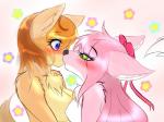 anthro blue_eyes blush breasts brown_hair duo eyebrows eyelashes female female/female fur green_eyes hair kemono kiss_on_lips kissing multicolored_body multicolored_fur pink_body pink_fur pink_hair simple_background tan_body tan_fur white_body white_fur milkteafox ruby_fox canid canine fox mammal 2016 4:3 digital_media_(artwork) digital_painting_(artwork) hi_res