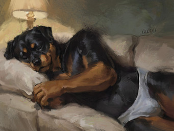 anthro black_body black_fur black_nose briefs briefs_only brown_body brown_fur bulge clothed clothing folded_ears fur furniture lamp lying male multicolored_body multicolored_fur on_side pillow sleeping sofa solo topless topless_male two_tone_body two_tone_fur underwear underwear_only creeps canid canine canis domestic_dog mammal mastiff molosser rottweiler 2025 4:3 oil_painting_(artwork) painting_(artwork) traditional_media_(artwork) traditional_painting_(artwork)
