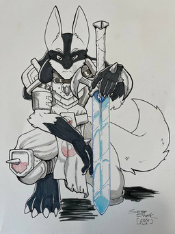 ambiguous_gender anthro armor knight melee_weapon solo sword warrior weapon savageshark nintendo pokemon fan_character luciano_grimm_(zephur_grimm) generation_4_pokemon lucario pokemon_(species) 2024 3:4 hi_res traditional_media_(artwork)