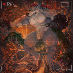 anthro bared_teeth biceps bodily_fluids camera cave claws crotch_tuft forked_tongue fur hair living_tail looking_at_viewer male markings multi_eye muscular muscular_anthro muscular_male open_mouth pawpads pecs reaching_towards_viewer recording red_hair saliva scales size_difference snake_tail solo spots spotted_body spotted_fur tail teeth tongue tuft unusual_anatomy unusual_tail video_camera whiskers artjackal basker_(baskerofbabylon) canid canid_demon canine canis chimera demon hybrid mammal monster reptile scalie snake wolf 1:1 hi_res