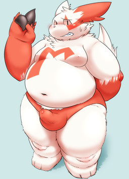 anthro bared_teeth belly big_belly blue_background blush bodily_fluids bulge claws clothing fur genital_fluids looking_at_viewer male navel nipples overweight overweight_anthro overweight_male pink_sclera precum precum_through_clothing precum_through_underwear showing_teeth shy simple_background slightly_chubby smile solo standing thick_thighs underwear wet wet_clothing white_body white_fur silicon_chub nintendo pokemon generation_3_pokemon mammal pokemon_(species) zangoose 2015 digital_drawing_(artwork) digital_media_(artwork) full-length_portrait hi_res portrait