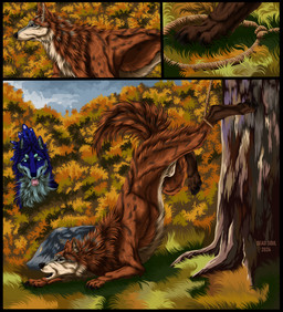animal_genitalia anthro black_border black_nose black_sclera blue_body blue_eyes blue_fur border brown_body brown_fur brown_tail duo fully_sheathed fur genitals male male_anthro open_mouth outside plant sheath side_view tail text trapped tree white_body white_eyes white_fur white_sheath msdeadsoul canid canine mammal 2024 artist_name comic dated hi_res