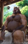 anthro beard bulge facial_hair fur hair male male_anthro nipple_piercing nipple_ring nipples outside piercing ring_piercing sitting solo tongue tongue_out towel tusks kapetoelo mammal suid suina sus_(pig) wild_boar absurd_res digital_drawing_(artwork) digital_media_(artwork) hi_res