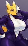 anthro big_breasts black_sclera blue_eyes bodysuit breasts cleavage clothed clothing dipstick_ears ear_markings eyebrows eyelashes female fur hand_on_hip huge_breasts inner_boob multicolored_ears skinsuit solo tight_clothing white_body white_fur yellow_body yellow_fur zipper zipper_down blazbaros bandai_namco digimon digimon_(species) renamon 2024 3:5 hi_res