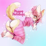 anthro blep blue_eyes blush brown_body brown_fur butt christmas_clothing claws clothing eyewear female fur glasses hair holidays looking_at_viewer looking_back looking_back_at_viewer painted_claws pajama_pants pajama_shirt pajamas panties pawpads paws pink_claws pink_clothing pink_hair pink_panties pink_underwear presenting presenting_hindquarters ring_(jewelry) smile solo text tongue tongue_out underwear lizombie christmas lizcorgi canid canine canis domestic_dog herding_dog mammal pastoral_dog welsh_corgi 1:1 english_text hi_res