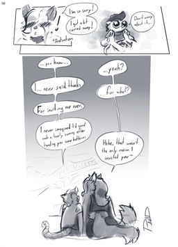 anthro big_eyes blush clothing dialogue excited female leaning_on_another male sitting sitting_on_ground tail tail_motion tailwag text ravid_anml nora_seulis_(ravid_anml) tobias_hecaucatl_(ravid_anml) american_opossum canid canine canis mammal marsupial wolf absurd_res comic english_text hi_res monochrome sketch