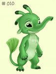 2020 3:4 3_toes alien antennae_(anatomy) claws dipstick_antennae disney experiment_(lilo_and_stitch) feet felix_(lilo_and_stitch) fur green_background green_body green_claws green_eyes green_fur green_theme lilo_and_stitch looking_at_viewer multicolored_antennae psychedelic-lemur signature simple_background smile solo standing toes trunk