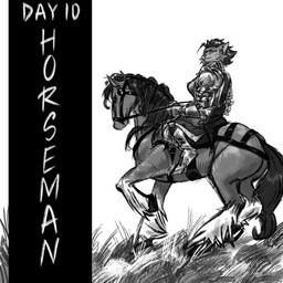 anthro armor bridle clothing digitigrade duo facial_scar female feral grass plant plate_armor reins riding saddle scar side_view tabard tack text elvirarecrud inktober_2025 jaclyn_(revertigo) canid canine canis draft_horse equid equine horse mammal wolf 1:1 2025 english_text hi_res monochrome portrait shaded