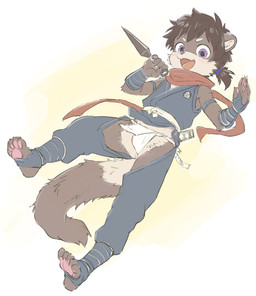 5_toes anthro asian_clothing blush brown_body brown_fur brown_hair clothing east_asian_clothing etchu_fundoshi fangs feet fundoshi fur hair happy holding_kunai japanese_clothing looking_at_viewer male melee_weapon ninja ninja_suit open_mouth pawpads red_scarf scarf solo sword sword_on_back tail tan_body tan_fur teeth tied_hair toes tongue underwear warrior weapon white_clothing white_fundoshi white_underwear young young_anthro young_male kochi662368621 sou_(kochi662368621) mammal mustelid otter 2026 hi_res japanese_description