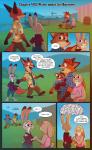 2017 anthro baby bonnie_hopps bridge buckteeth canid canine clothed clothing comic dialogue disney english_text female fox furgonomics gideon_grey grass greeting group hand_holding hi_res holding_character judy_hopps lagomorph leporid male mammal nick_wilde off_shoulder outside pacifier plant rabbit red_fox river rockbottomfeeder speech_bubble tail tail_clothing teeth text true_fox water young young_anthro zootopia