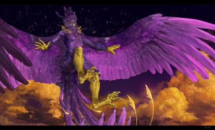 anthro back_wings claws cloud detailed_background feathers female finger_claws purple_body solo star tail tail_feathers wings yellow_eyes shaneinvasion avian bird cockatoo galah parrot