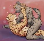 anthro duo eye_contact fur hand_on_chest looking_at_another male male/male markings nude spots spotted_body spotted_fur tan_body tan_fur text vulgarstarling felid hyena leopard mammal pantherine 2017 artist_name