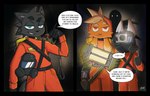 2_panel_comic anthro biped black_body black_fur bodysuit clothing dialogue duo fur gas_mask grey_body grey_fur group male mask orange_body orange_bodysuit orange_clothing orange_fur orange_skinsuit protective_gear skinsuit speech_bubble text tight_clothing trio wearing_mask bozlerart lethal_company bracken_(lethal_company) canid canine felid feline hoarding_bug_(lethal_company) mammal monster absurd_res comic english_text hi_res multiple_images