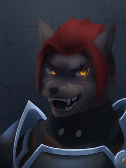 angry anthro black_nose brown_eyebrows eye_scar eyebrows facial_scar hair male open_mouth pointy_ears prick_ears pupils red_hair scar sharp_teeth slit_pupils snarling teeth warrior yellow_eyes dansats canid canine mammal 3:4 absurd_res bust_portrait hi_res lineless portrait shaded soft_shading