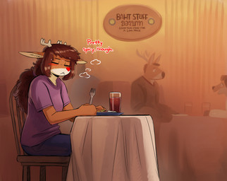 anthro antlers biped blush breasts chair cutlery female fingers food fork front_view fur furniture glass group hair horn inside kitchen_utensils male sitting table text tools trio the-minuscule-task rue_(the-minuscule-task) deer mammal 2026 digital_drawing_(artwork) digital_media_(artwork) english_text hi_res