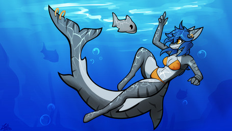accessory anthro big_tail bikini blue_hair breasts bubble cleavage clothed clothing ear_piercing ear_ring female fin furgonomic_piercing furgonomics glistening gold_(metal) gold_ear_ring grey_body hair huge_tail jewelry light light_beam long_hair long_tail multicolored_body navel orange_eyes piercing reflection ring_piercing shark_tail side_view smile solo spread_legs spreading striped_body stripes sunbeam sunlight swimming swimwear tail tail_accessory tail_jewelry tail_piercing tail_ring_(piercing) thick_thighs two-piece_swimsuit two_tone_body underwater water water_reflection conditional_dnp lodi_(artist) talia_(talico) aquatic fish shark 16:9 4k absurd_res hi_res widescreen
