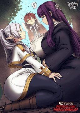 big_breasts big_butt breast_envy breast_squish breasts breasts_frottage butt clothed clothing comparing comparing_breasts curvy_figure female female/female fully_clothed group hair huge_breasts huge_butt humanoid_pointy_ears jealous kneeling male pointy_ears pouting purple_hair red_hair size_difference small_waist squish thick_thighs trio voluptuous voluptuous_female white_hair iron_alchemist thegoldensmurf frieren_beyond_journey's_end fern_(frieren) frieren stark_(frieren) elf human humanoid mammal