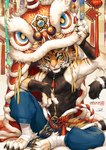 anthro bandage chinese_knotting clothed clothing fangs fingerless_gloves fully_clothed fur gloves green_eyes hair handwear holidays lion_dance looking_at_viewer male solo striped_body striped_fur stripes teeth tongue kemokemono chinese_zodiac new_year new_year_2022 year_of_the_tiger felid mammal pantherine tiger hi_res