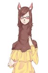 brown_hair clothed clothing eyewear female glasses hair long_hair long_neck open_mouth simple_background solo surprise transformation white_background menma911 animal_humanoid camelid camelid_humanoid humanoid llama_humanoid mammal mammal_humanoid 2018 half-length_portrait hi_res portrait