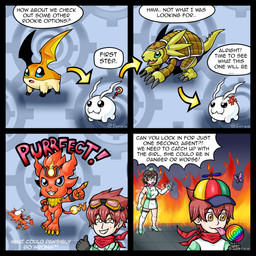anthro baby_digimon black_hair candy clothing dessert dialogue female feral fire food fur group hair hat headgear headwear humor lollipop male neonate orange_body orange_fur propeller_hat red_body red_fur red_hair text yellow_body young 5oruu bandai_namco bubsy_(series) digimon digimon_story:_time_stranger bubsy_bobcat dan_yuki_(digimon) kanan_yuki armadillomon coronamon digimon_(species) human mammal patamon tokomon 1:1 absurd_res comic english_text hi_res