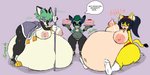 anthro areola belly big_belly big_breasts black_hair blush bodily_fluids breasts butt cybernetics female food green_hair group hair huge_belly hyper hyper_belly lactating machine morbidly_obese nipples obese overweight potbelly purple_background simple_background sitting speech_bubble stuffing text thick_thighs yellow_body zildtek archie_comics sega sonic_the_fighters sonic_the_hedgehog_(archie) sonic_the_hedgehog_(comics) sonic_the_hedgehog_(series) cassia_the_pronghorn clove_the_pronghorn honey_the_cat cyborg domestic_cat felid feline felis mammal pronghorn 2018 english_text hi_res sibling_(lore) sister_(lore) sisters_(lore)