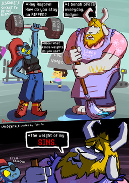 ambiguous_gender anthro barbell beard blue_body blue_skin dialogue exercise eye_patch eyewear facial_hair fangs female fur gym horn humor male mature_anthro mature_male muscular sound_effects teeth text weightlifting weights white_body white_fur workout yoga guywholikesflying_(artist) undertale undertale_(series) asgore_dreemurr frisk_(undertale) undyne aquatic boss_monster_(undertale) bovid caprine fish human mammal comic english_text hi_res