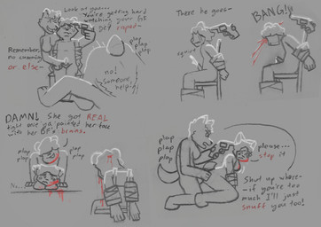 anthro begging_to_stop blood bodily_fluids bound corpse death female forced gore group gynomorph intersex intersex/female kidnapping killing male male/female male_death rape sex snuff sound_effects text threatening_with_weapon connorsconnor conley bear canid canine canis hybrid mammal wolf hi_res sketch sketch_page
