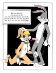 anthro biohazard_(artist) blonde_hair blue_eyes bodily_fluids breasts bugs_bunny canon_couple clitoris clitoris_piercing clothing collar cuff_(restraint) cum cum_in_mouth cum_inside dripping duo english_text erection eyelashes female fur genital_fluids genital_piercing genitals gloves grey_body grey_fur hair handwear hindpaw kneeling lagomorph leash leporid lola_bunny looking_at_viewer looney_tunes male male/female mammal nipple_piercing nipples orange_body orange_fur paws penis piercing pussy pussy_piercing rabbit restraints shackles smile standing teeth text tongue tongue_out warner_brothers whiskers white_body white_fur