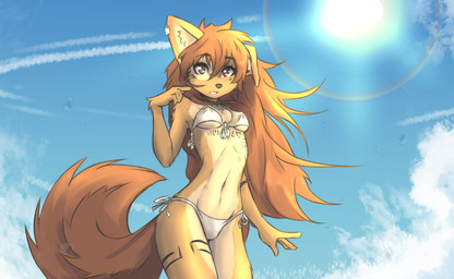 5_fingers anthro arm_tuft bikini black_nose breasts brown_body brown_eyes brown_fur brown_hair cheek_tuft chest_markings chest_tattoo cleavage clothed clothing cloud cowlick curled_tail day ear_piercing erect_nipples eyebrow_through_hair eyebrows eyelashes facial_markings facial_piercing facial_tattoo facial_tuft female female_anthro fingers floppy_ears fur furgonomic_piercing furgonomics gauged_ear hair head_markings inner_ear_fluff leg_markings leg_tattoo long_hair looking_at_viewer looking_down low-angle_view markings messy_hair mottled mottled_nose muzzle_piercing navel nipple_outline nipples nose_piercing open_mouth outside piercing pink_nose raised_arm sky slim small_breasts solo sun swimwear tail tattoo translucent translucent_hair tuft two-piece_swimsuit under_boob water wrist_tuft tinygaypirate apogee_(tinygaypirate) canid canine canis domestic_dog mammal spitz hi_res