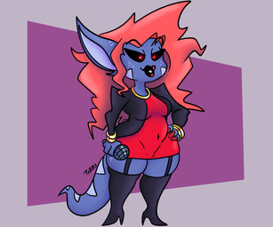 anthro blue_body breasts clothing cosplay dress electronics female hair medium_breasts microphone navel navel_outline non-mammal_breasts non-mammal_navel red_eyes red_hair solo tail thick_thighs wide_hips tibbs friday_night_funkin' mythology mommy_mearest star_(tibbs) dragon mythological_creature mythological_scalie reptile scalie 6:5 absurd_res hi_res