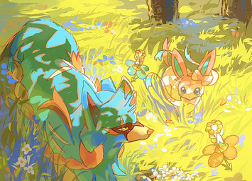 ambiguous_gender blue_body blue_eyes blue_fur bow_(anatomy) feral flower fur grass group pink_body pink_fur plant ribbons_(anatomy) size_difference tail tree white_body yellow_eyes seta629211 nintendo pokemon canid canine eeveelution flabebe generation_6_pokemon generation_8_pokemon hero_of_many_battles_zacian humanoid legendary_pokemon mammal pokemon_(species) sylveon zacian 2026 hi_res