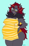 anthro apron big_breasts big_butt blue_eyes bodily_fluids breasts butt choker clothing dressing_up embarrassed eyewear female glasses hair jewelry lactating lactating_through_clothing necklace nipple_outline pregnant pregnant_anthro pregnant_female red_hair solo wet wet_clothing yellow_eyewear yellow_glasses xalloir nintendo pokemon generation_5_pokemon pokemon_(species) zoroark absurd_res hi_res