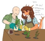 5_fingers anthro bald breasts brown_hair clothing dialogue duo female fingers gardening gloves hair handwear horn jacket light-skinned_male light_body light_skin long_tail male multicolored_body multicolored_scales non-mammal_breasts open_mouth open_smile orange_body orange_scales plant red_eyes scales simple_background smile spiked_tail spikes spikes_(anatomy) tail tan_body tan_scales text topwear two_tone_body two_tone_scales white_background prometheuzone cavemanon_studios goodbye_volcano_high snoot_game anon_(snoot_game) rosa_(gvh) aquilops ceratopsian dinosaur human mammal ornithischian prehistoric_species reptile scalie 2024 digital_drawing_(artwork) digital_media_(artwork) english_text